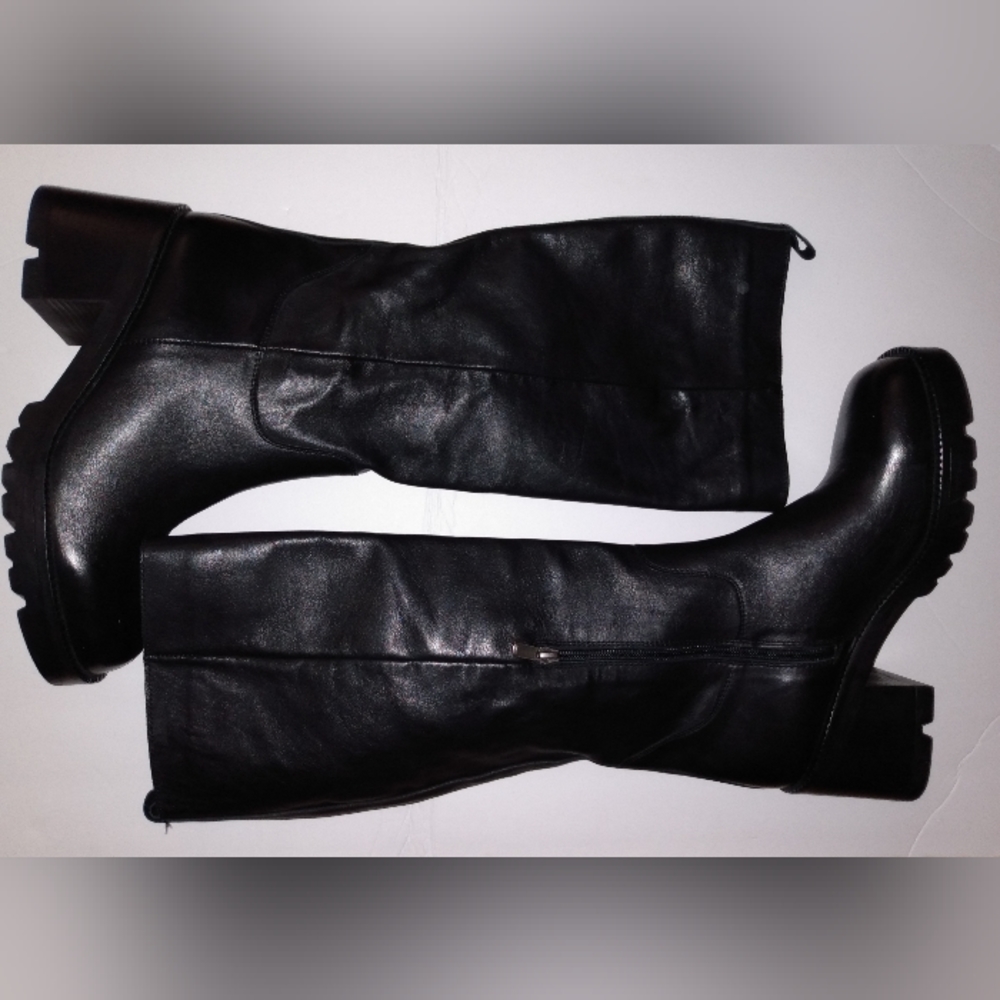 Steve Madden Wmns Leather Gyrate Black High Boots Chunky Heel Y2K Style 11 NWOB